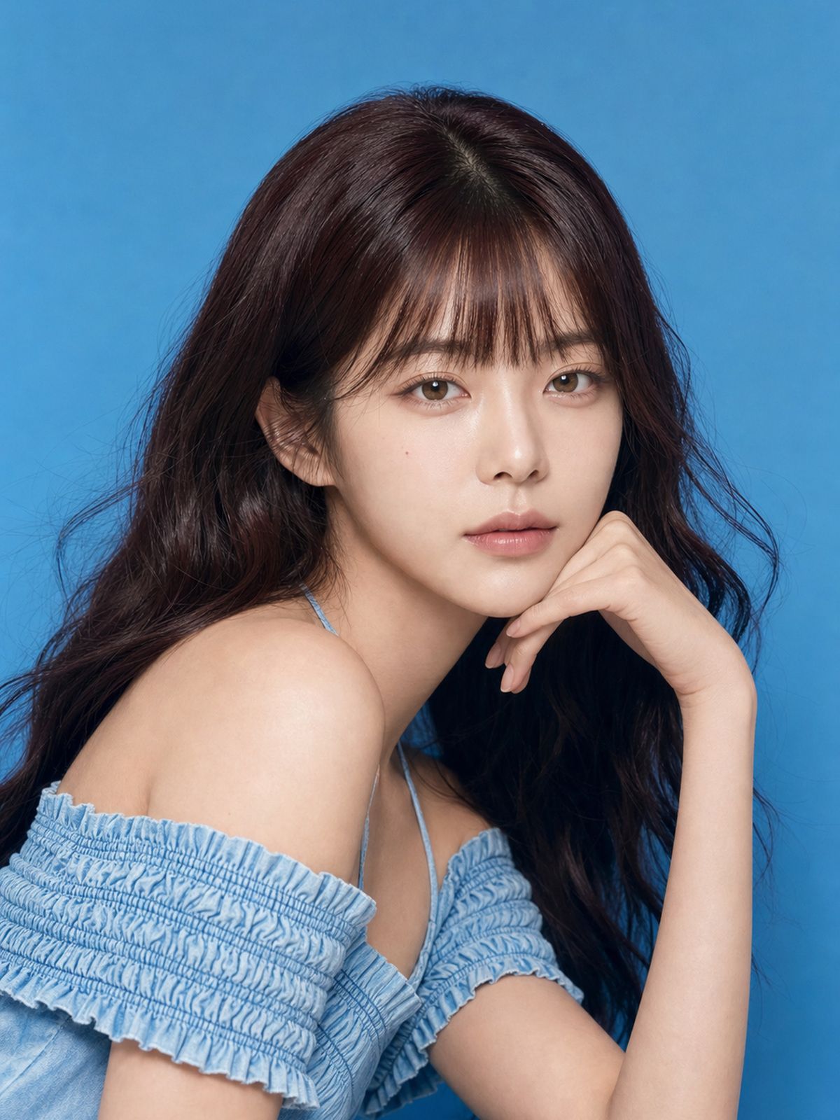 Jung Seo-A in a denim off-shoulder top, studio editorial portrait