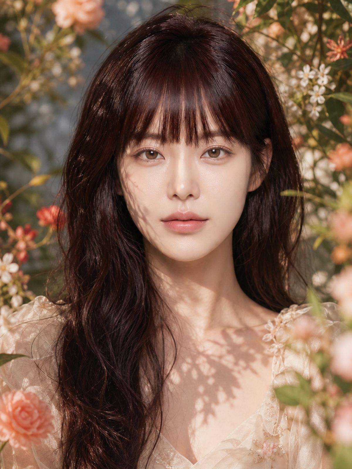 Jung Seo-A in a sheer tulle dress amid a blooming rose garden, hair loose