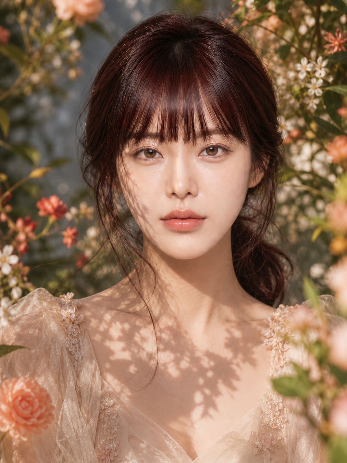 Jung Seo-A in a sheer tulle dress amid a blooming rose garden, hair tied back